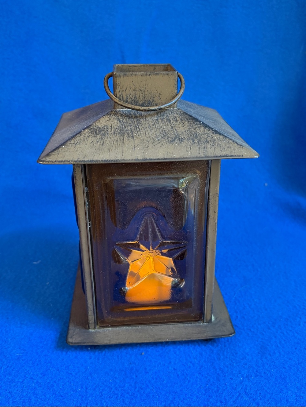 Metal Star Accent Lantern with Amber Glass Panel Vintage Illuminary